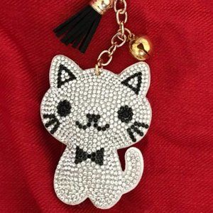 White Rhinestone Kitty Cat Bag Charm Key chain